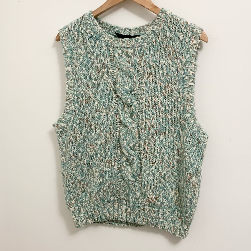Vintage Chunky Wool Blend Cableknit Sweater Vest Seafoam Green Chunky L